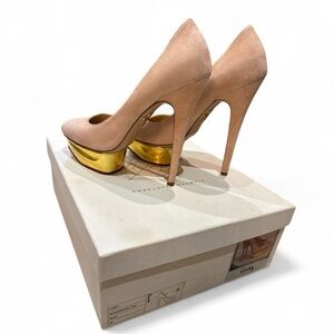 Charlotte Olympia Nude Pink Suede Pumps with Gold Platform